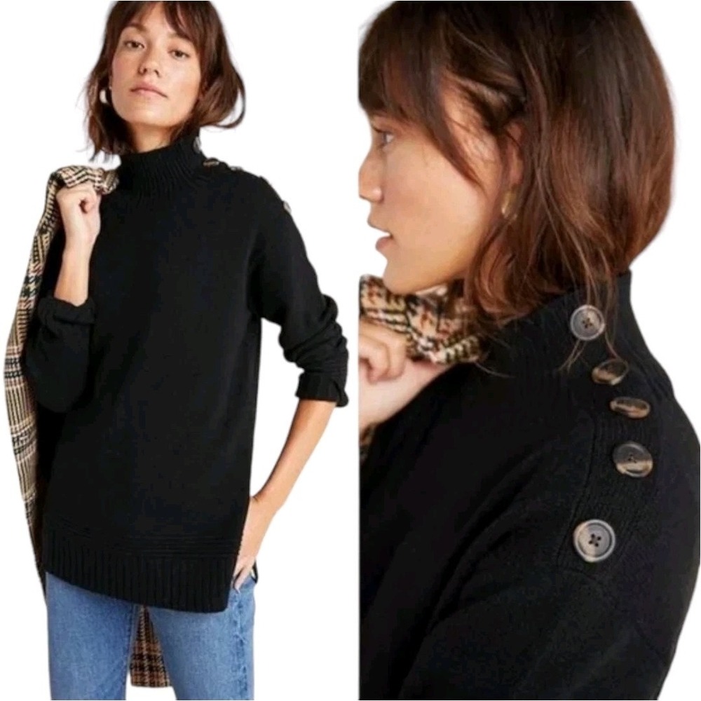 Anthropologie Margarita Button Shoulder Tunic Black Sweater Women's size MEDIUM